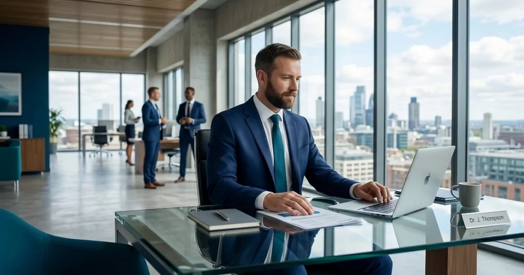 UK doctor in a business suit at a desk — non-clinical career transition