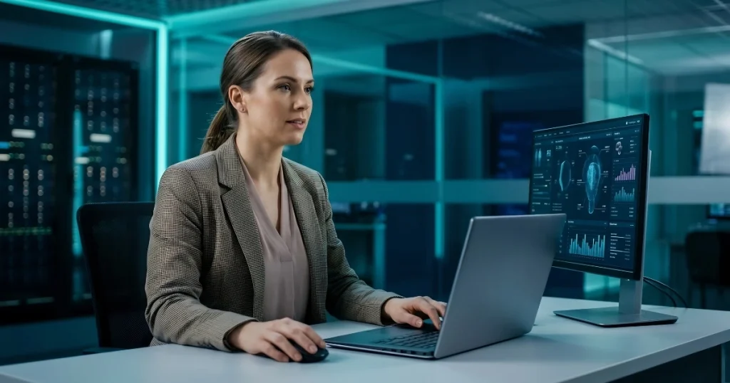 Former nurse working at a tech desk — nurse to health tech career